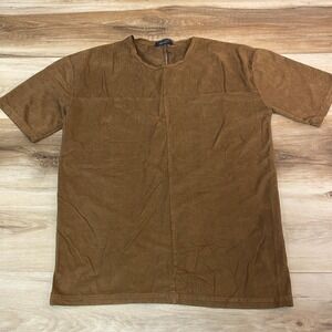 Zara Man Faux Suede T-Shirt Brown Panelled Short Sleeve Crew Neck Mens Medium